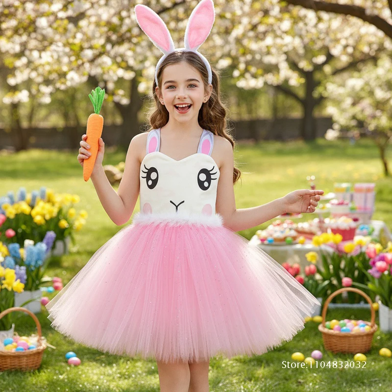 

Костюм розового пасхального кролика 2026: очаровательный комплект для девочек с пышной юбкой и головным убором, костюм животного на Хэллоуин, наряд для дня рождения