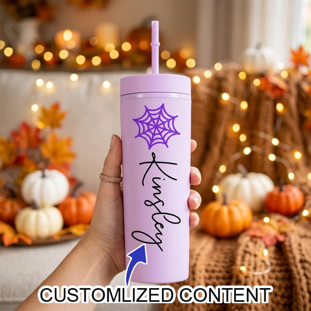 Customized Halloween Water Cup, Personalized Pumpkin Ghost Spider Web Printed Straw Cup, Holiday Party Gifts for Friends.