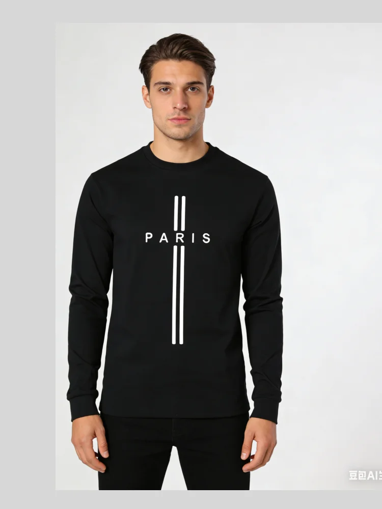 

PARIS Letter Print Men's T-shirt Spring And Autumn Casual Simple And Comfortable Round Neck Long Sleeved Sport T-shirt Male Tops