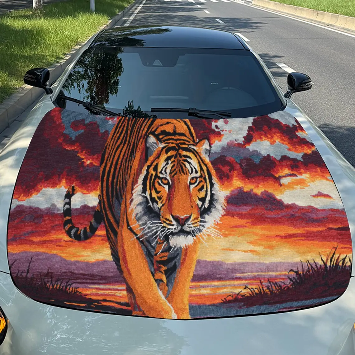 Walking Animal Tiger Orange Sunset PVC Car Hood Wraps, Self-Adhesive Waterproof Car Bonnet Decal Sticker, Car Decoration Protect