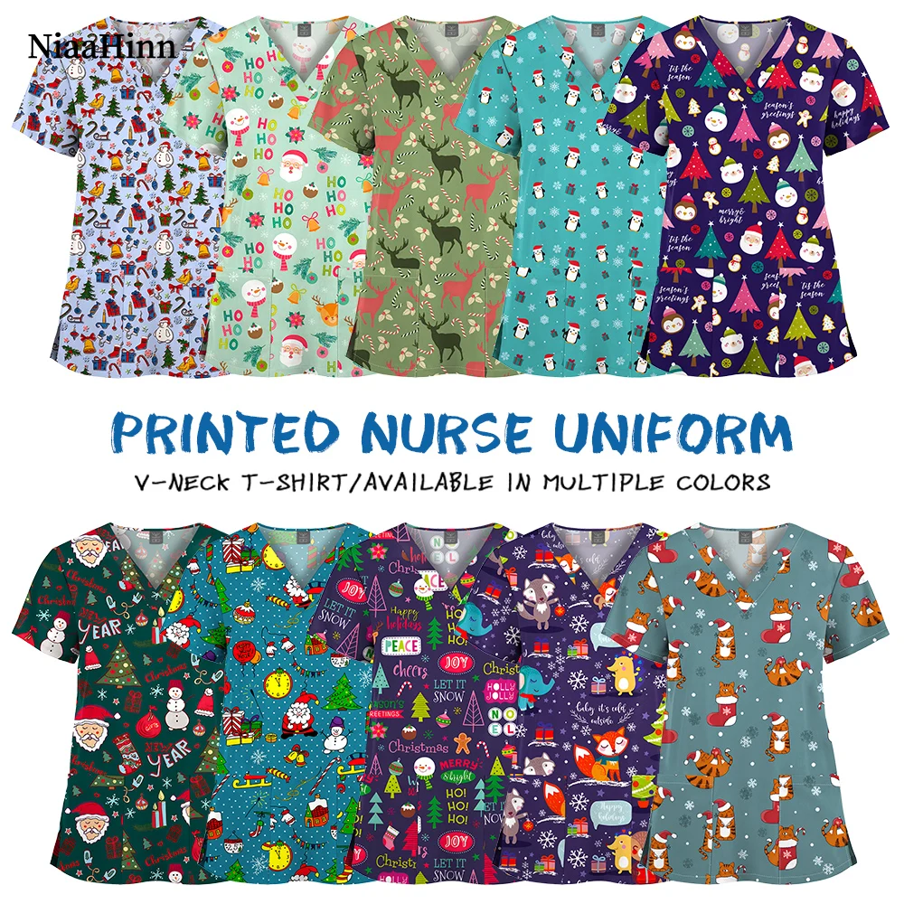 Niaahinn Surgical Uniforms Holiday Christmas Print Style Pocket Surgical Costume Woman V-Neck Short Sleeve Nurse Medical Uniform