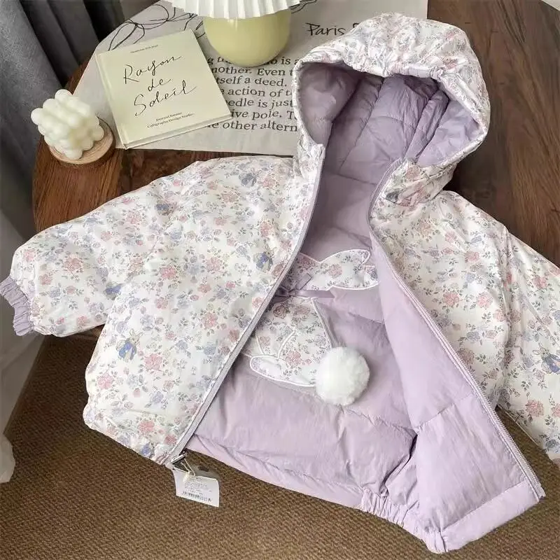 

Girls' Double sided Parkas Cotton Padded Coat Winter New Baby Floral Cotton Coat Children's Thick Hooded Jacket