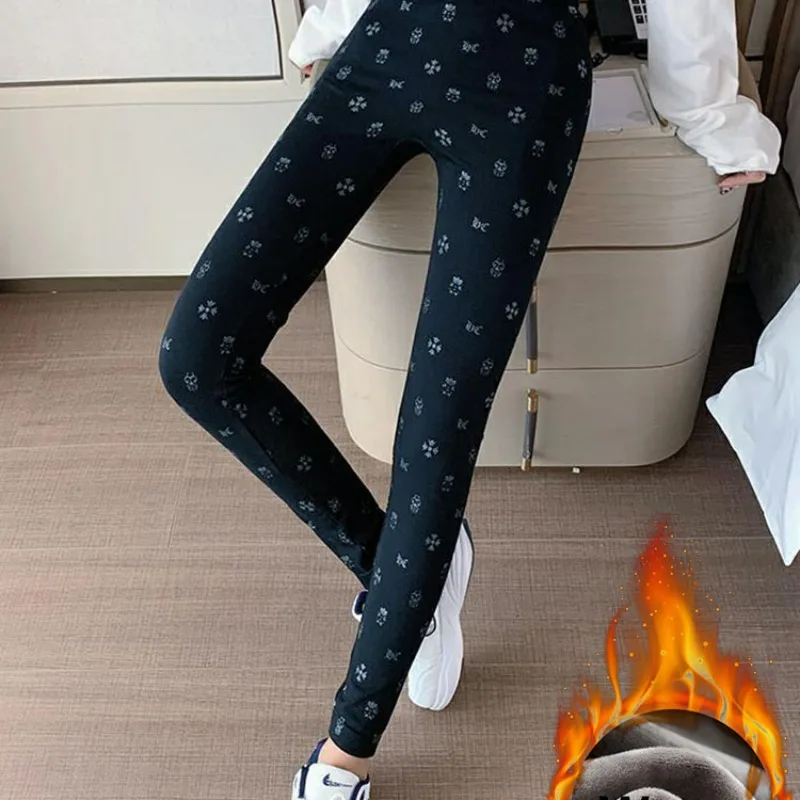 Leggings elásticos de felpa de cintura alta para mujer, pantalones informales estampados, ajustados, forrados de terciopelo, gruesos y cálidos, Invierno