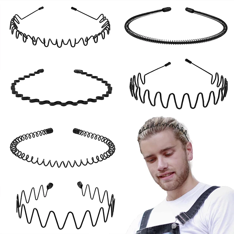 

6PCS Black Metal Wavy Sport Headbands Durable Non-slip Headbands Casual Adult Headwear Boys Fashion Gift Men Headbands