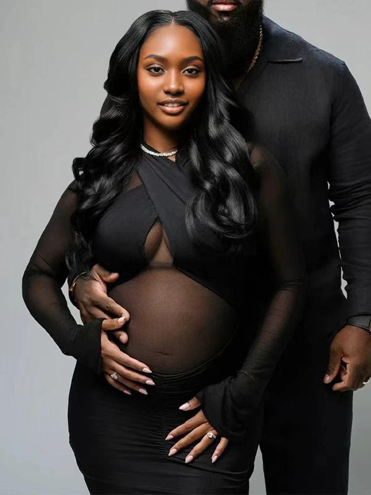 Black Sheer Maternity Photoshoot Dress Mesh Long Sleeve Bodycon Gown Sexy Pregnancy Photography Outfit Baby Shower Bump Friendly