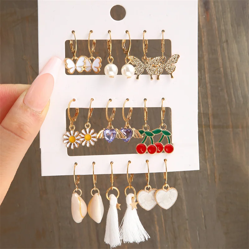 Colorful Cherry Earring Set Butterfly For Women Resin Daisy Heart Circle Dropping Oil Earring Set Metal Party Jewelry