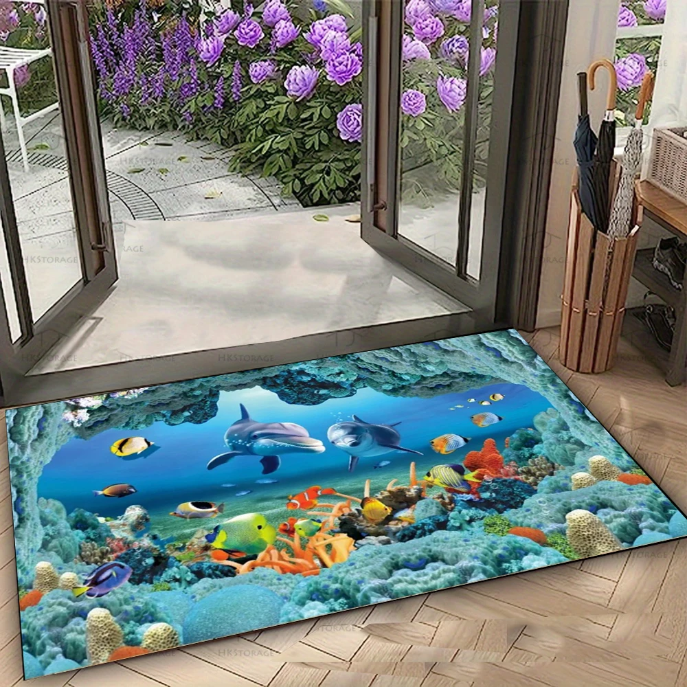 Colorful Ocean Cave Door Mat with Dolphins and Coral Reefs Non-slip Floor Rug for Entrance Home Decorative Mat