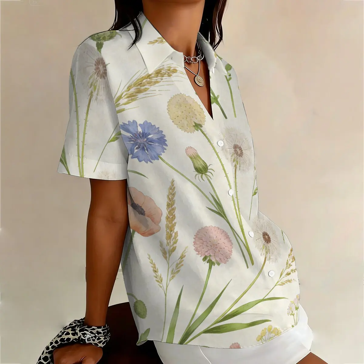 Plus-Size Women's Summer Short-Sleeve Shirt with Watercolor Botanical Print, Gentle and Healing, Ideal for Dates Outings view 3