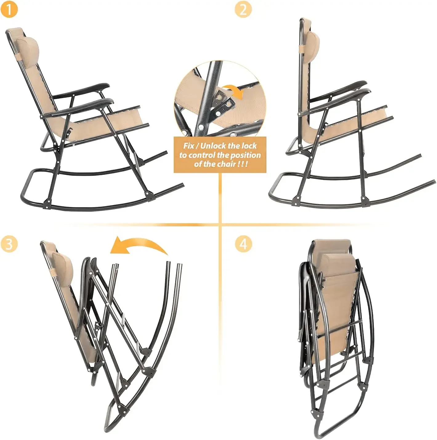 Mecedora de gravedad cero para Patio, silla reclinable ancha para exteriores, para césped, playa, Camping, junto a la piscina con almohada para reposacabezas (Beige)