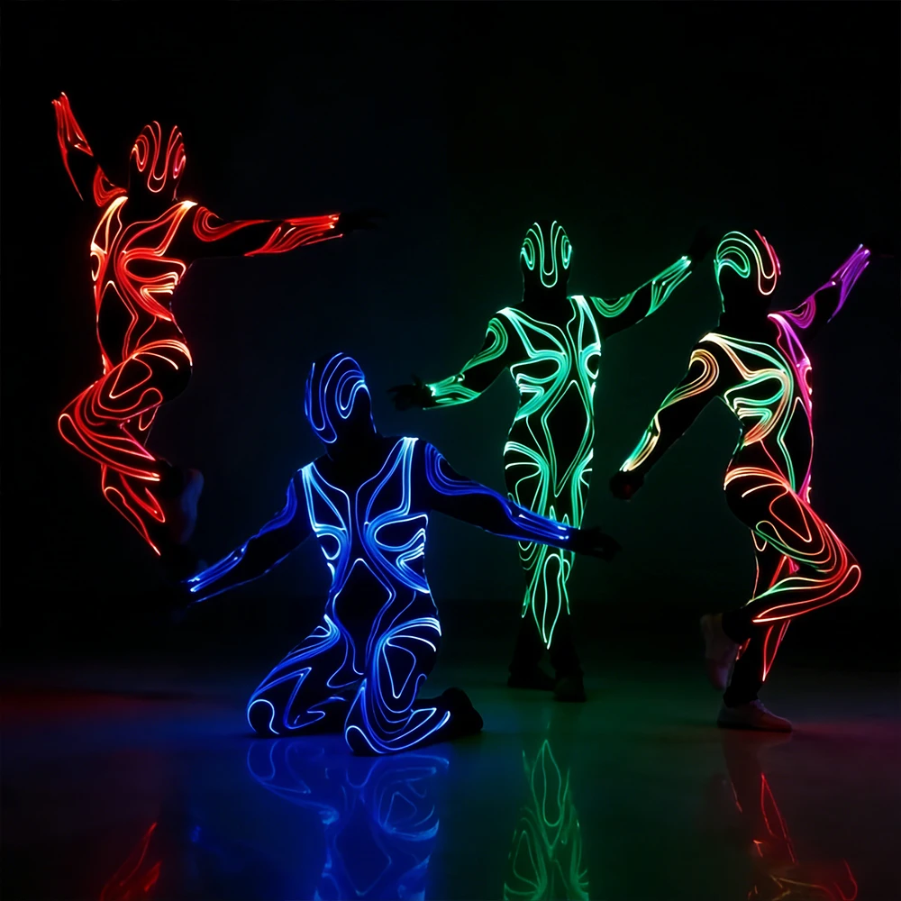 

Neon LED Fiber Optic Bodysuit Stage Lights Club Outfits Sexy Dance Jumpsuit Fluorescent Clothing for Men And Women Show Costumes