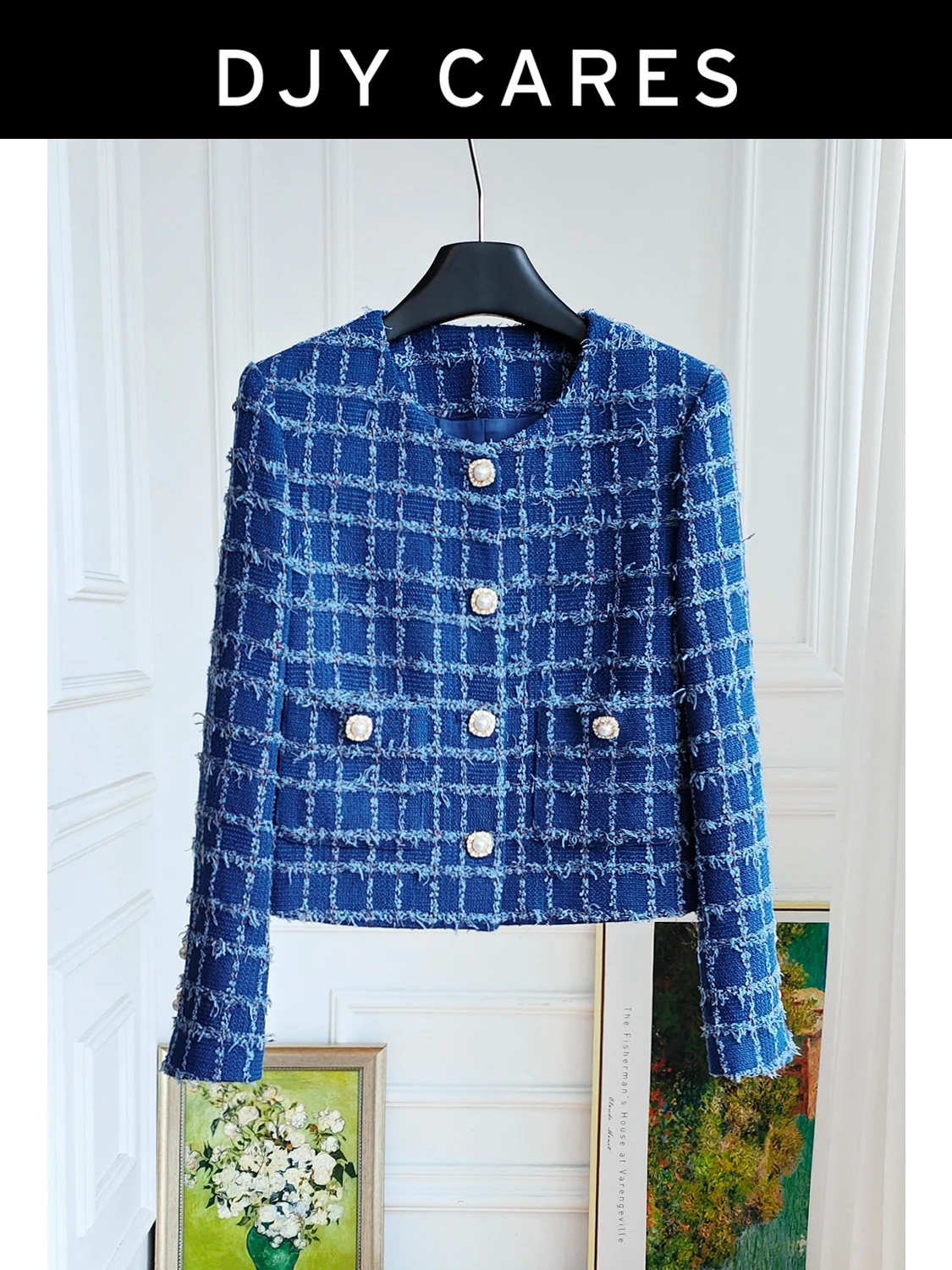 

New Coarse tweed premium blue checkered round neck versatile jacket top big size