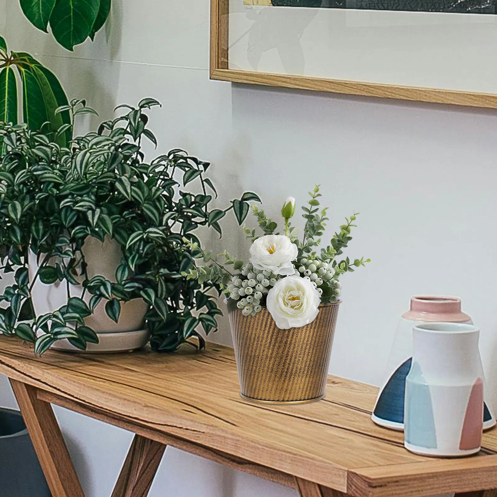 Decorative Planter Retro Flowerpot Galvanized Iron Bucket Shape Indoor Plant Pot for Succulents Desktop Office Windowsill Garden