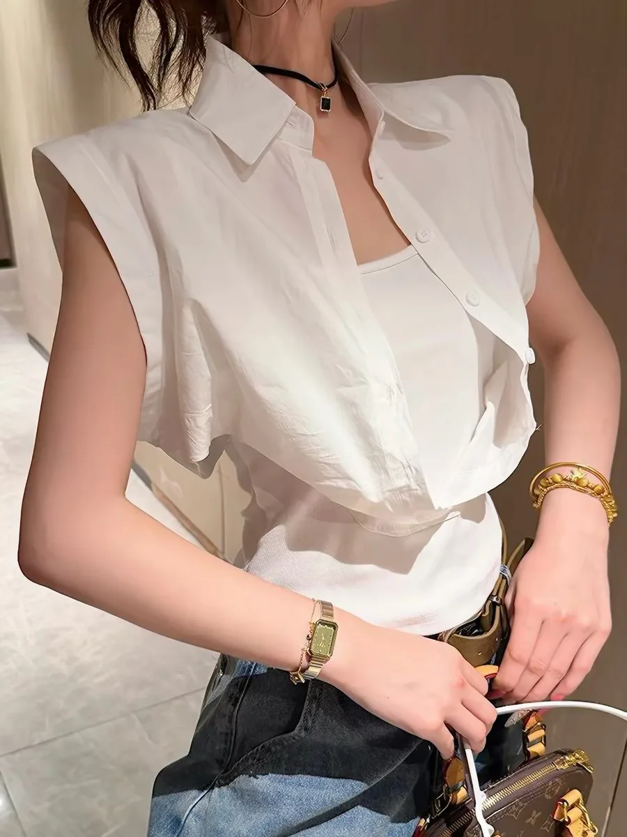 

Stylish Fake Two-Piece Shirt Beautiful Summer 2026 Women's Fashion Breathable Skin-Friendly Polyester Fiber Collar Butto...