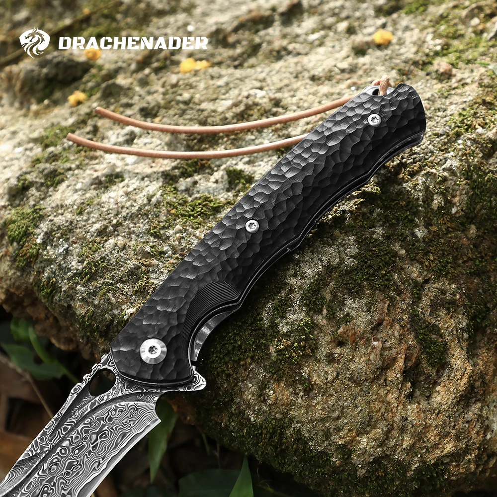 DRACHENADER Coltello pieghevole Damasco con fodero/clip, coltelli da caccia tattici di sopravvivenza EDC per uomo, coltello tascabile con nucleo in