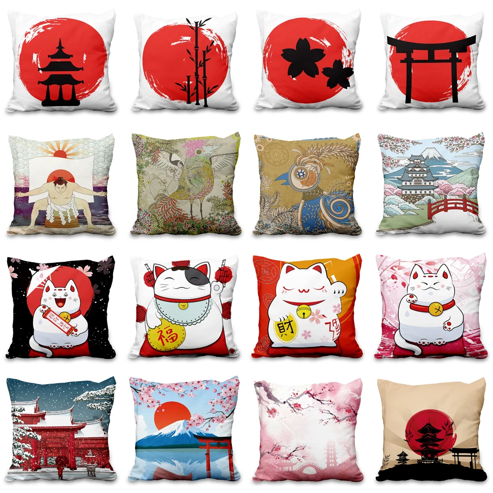 

Lucky Cat Japanese Style Sofa Bed Decorative Pillow Cover Home Decor Mount Fuji Art Cushion