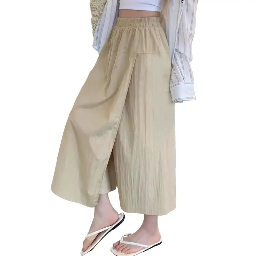 

Charming Pants Elastic High Waist Women's Culottes Summer Streetwear Loose Fit Solid Color Pants Relaxed Fit Wide Leg Skirt Soft