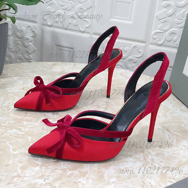 

Red Pointed Bow Suede Stiletto Heels Girls Cute Sandals Summer Purple Slingback Romantic Corduroy Hollow Black Knot Party Shoes