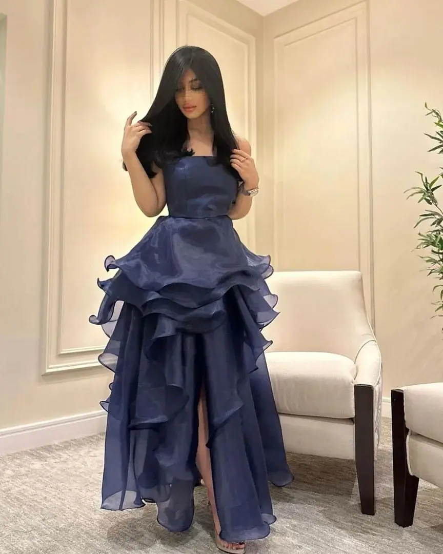 

Sapmae Strapless Neckline Ruffle Vent Bule Ankle-length Zipper Up Satin Elegant Prom Formal Evenning Party Dress For Women