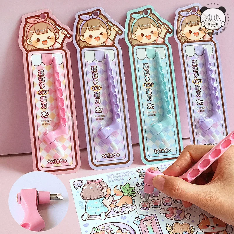 

1 Piece Creative 360 Degree Pen Knife Kawaii Cartoon Solid Color Rotate Utility Knife DIY Sticker Scrapbook Tool Carving Pen