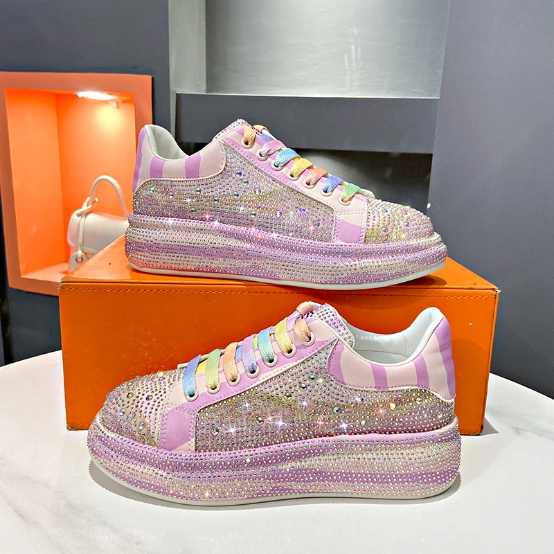 

Модные женские кроссовки с блестками и стразами на толстой платформе, повседневные кроссовки с блестящими кристаллами, дизайнерская блестящая женская обувь