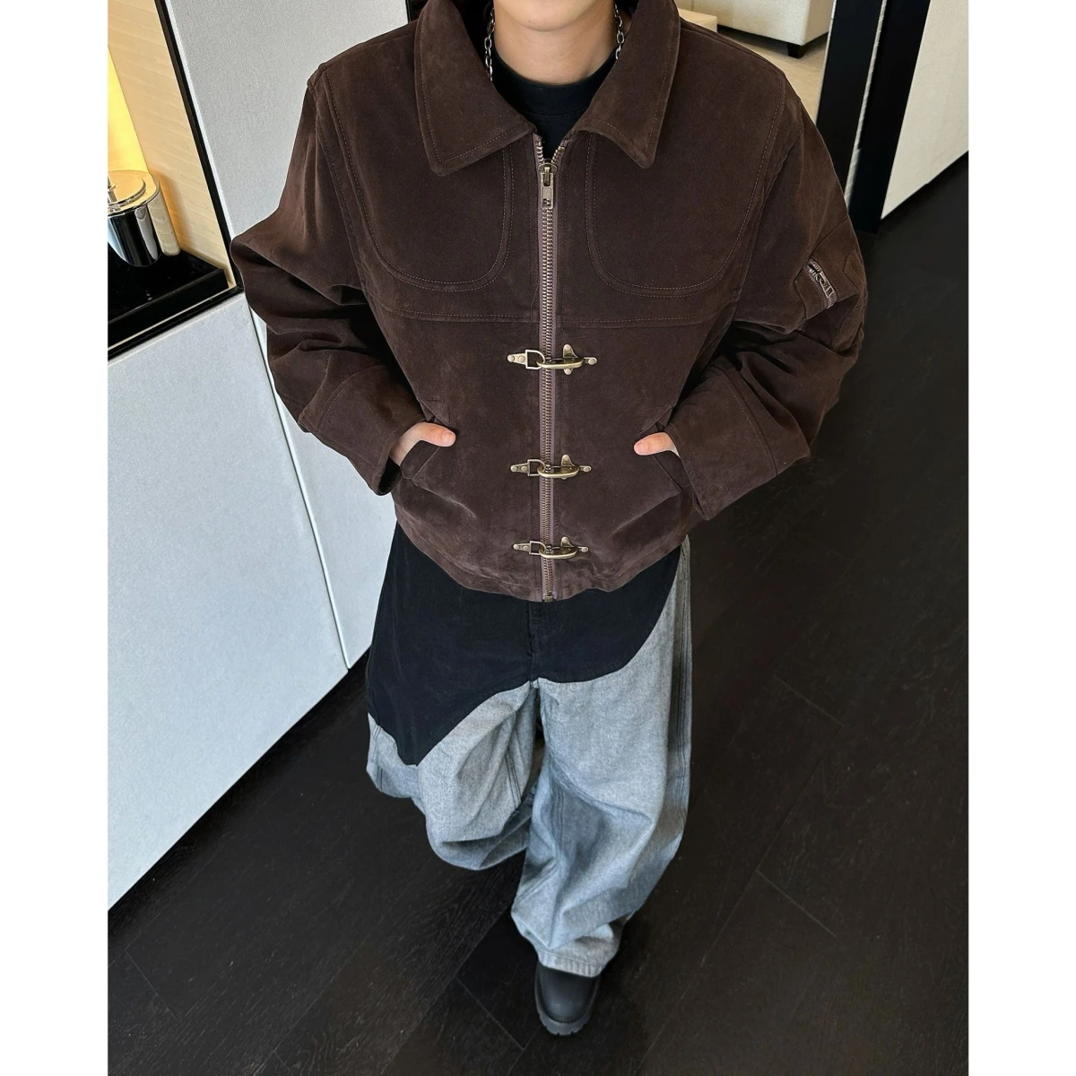 Retro American Deconstructed Aircraft Buckle Short Jacket Men's Women's High Design Sensibility Suede Trend Outerwear