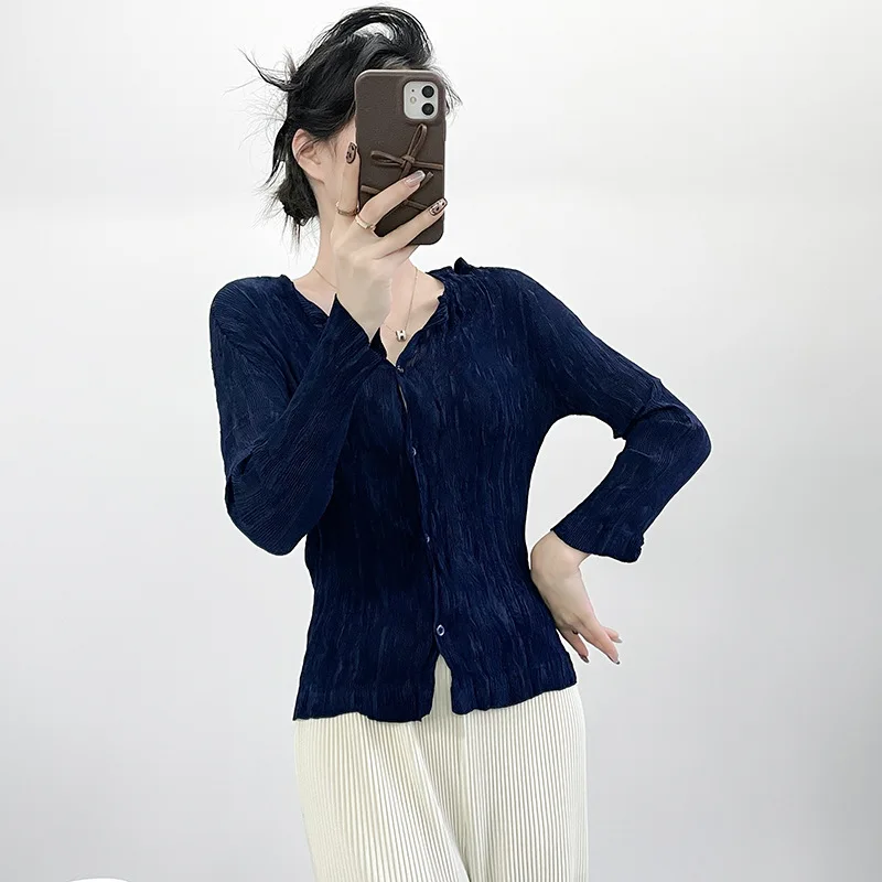 

Miyake Pleated Top High Quality Solid Color Wicker Cardigan Long Sleeve Outer Layer Autumn Casual Fashion Short Coat for Women
