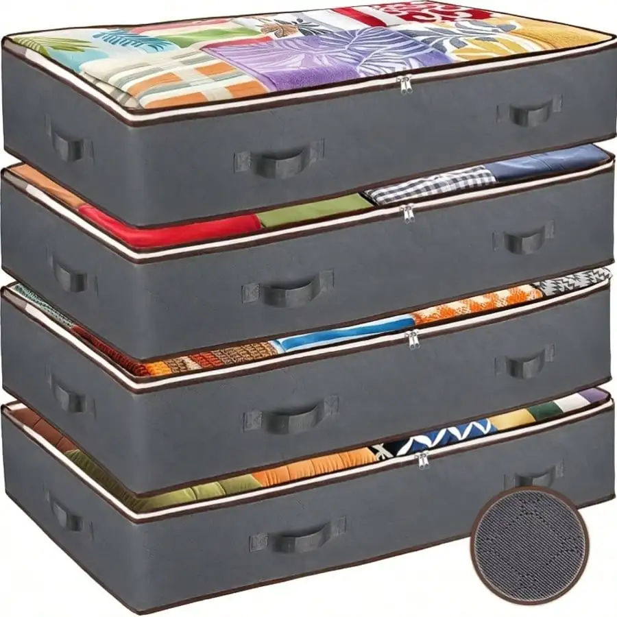 4pcs 90L Large Storage Bags, Clothes Storage Bins Foldable Closet Organizer Storage Containers With Durable Handles Thick Fabric For Clothing, Blanket, Comforters, Bed Sheets, Pillows And Toys (Gray), Under-Bed Storage