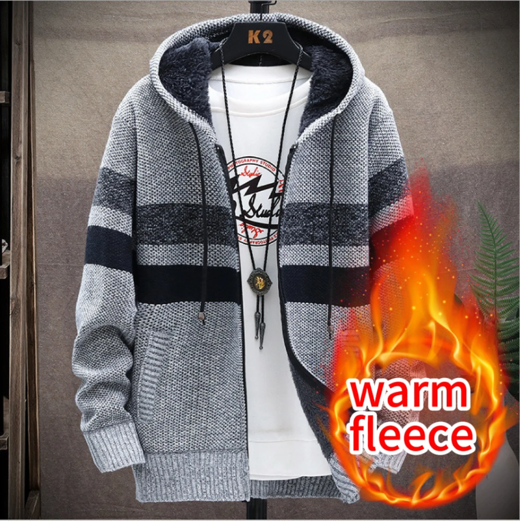 Men's Colorblock Hooded Knitted Jacket, Fleece-Lined Winter Coat, Thick Warm Zipper Mans Sweaters Jackets