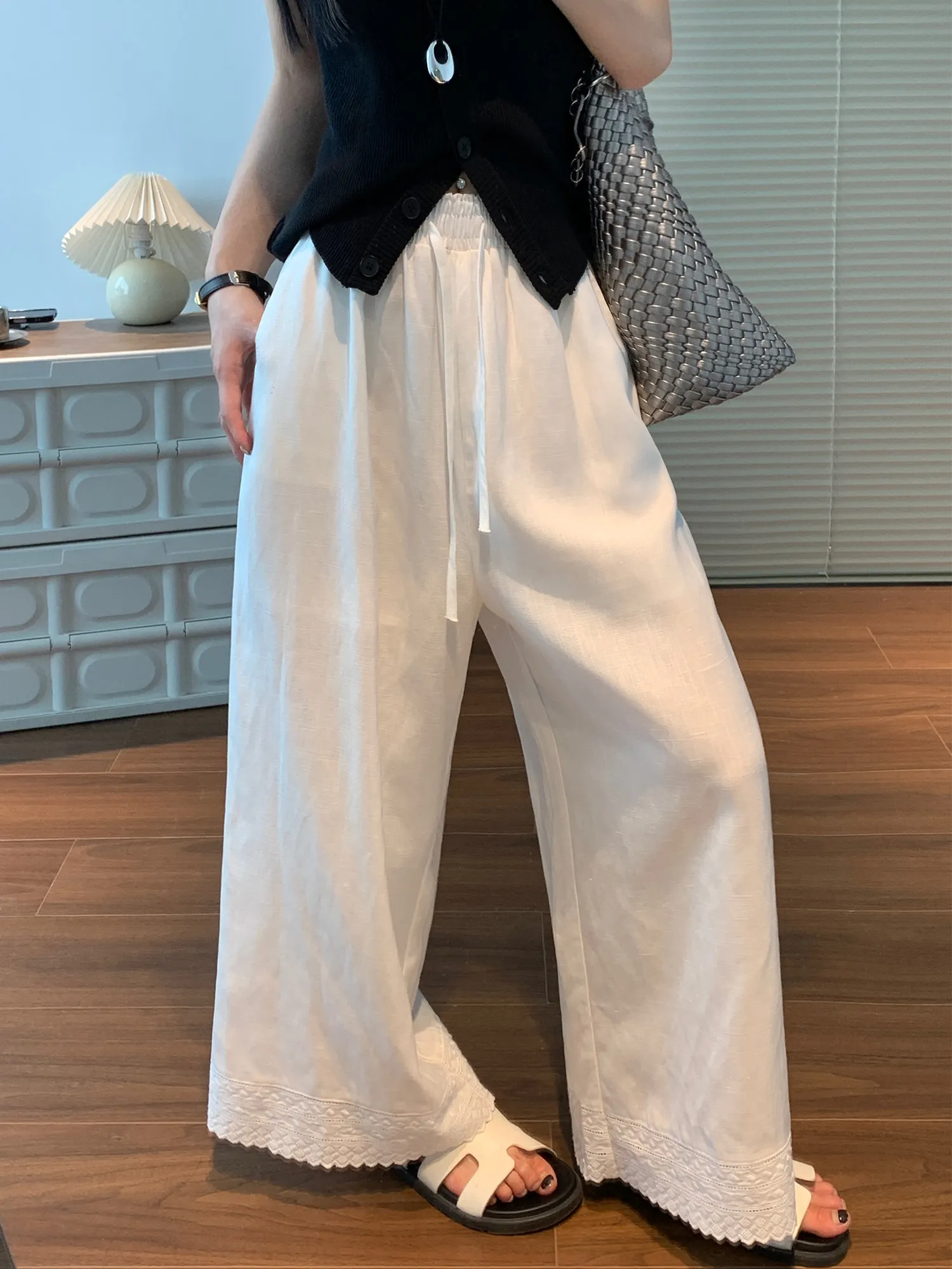 

White Embroidered Lace Trim Wide Leg Pants Linen Straight Cut Lazy Nine Point Summer New Style Women's Fashion Pants