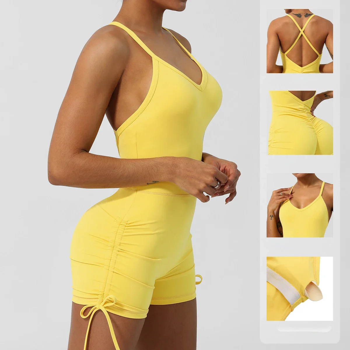 Crossover Back Yoga Wear V Neckline Tight Shorts Sleeveless Jumpsuit Gym Oddychająca, szybkoschnąca odzież do ćwiczeń z wkładkami do biustonosza