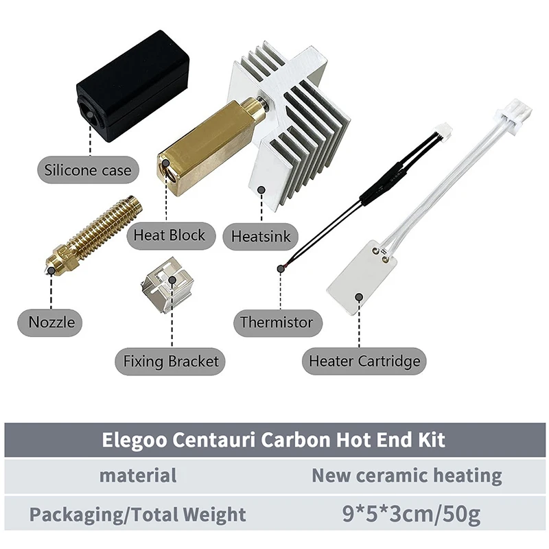 

Комплект насадок из закаленной стали Hotend для Elegoo Centauri Carbon 0,2/0,4/0,6/0,8 мм, стальное латунное сопло с горячим концом, детали 3D-принтера