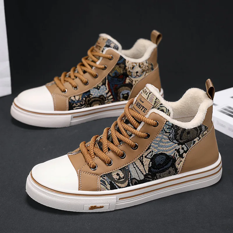 

Winter Embroidery Canvas Shoes Men High Top Khaki Men's Vulcanize Shoes Comfort Warm Plush Casual Shoes Men zapatos de hombre