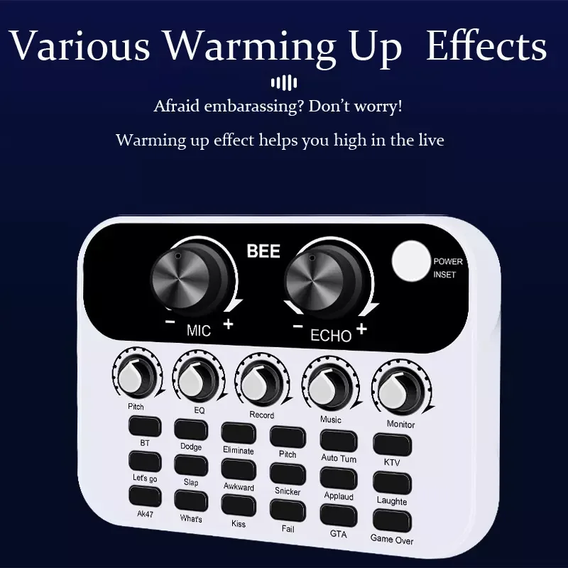 V8 Inglês Mini Live Sound Card, Interface Audio, Podcast Mixer, Adequado para PC, Computador, Telefone, Broadcast, Efeitos de Gravação, Novo