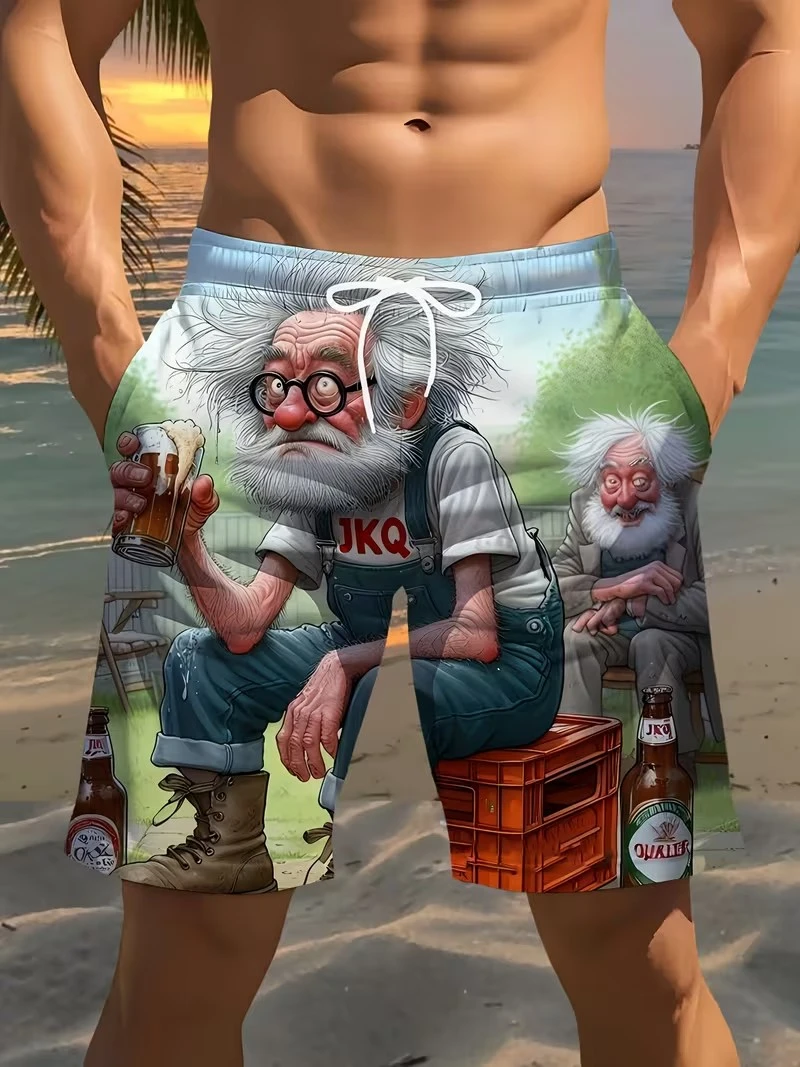

Funny Cartoon Old Man Beer Print Beach Shorts Quick Dry Drawstring Waist 2026 Hip Hop Street Style Summer Beach Vacation Bottoms