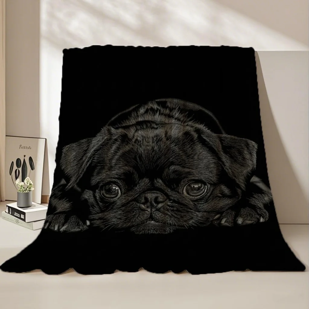 A Melancholic Black Pug Dog Printed Fleece Blanket, Suitable for Sofas, Beds, Office Naps, And Travel - Tear-Resistant Fleece