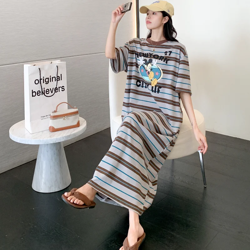 2024 Spring Summer Striped Print Women's Dresses Big Pockets T-Shirts Dress Loose Plus Size Female Robe Lady Vestidos KE56008