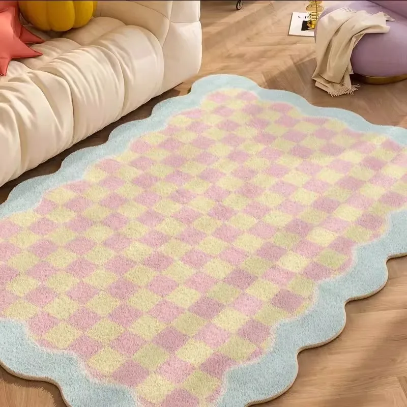 Karpet Kotak-kotak Lucu Karpet Ruang Tamu Area Besar Gelombang Kreatif Karpet Dekorasi Kamar Anak Perempuan Karpet Kamar Tidur Lembut Nyaman양자