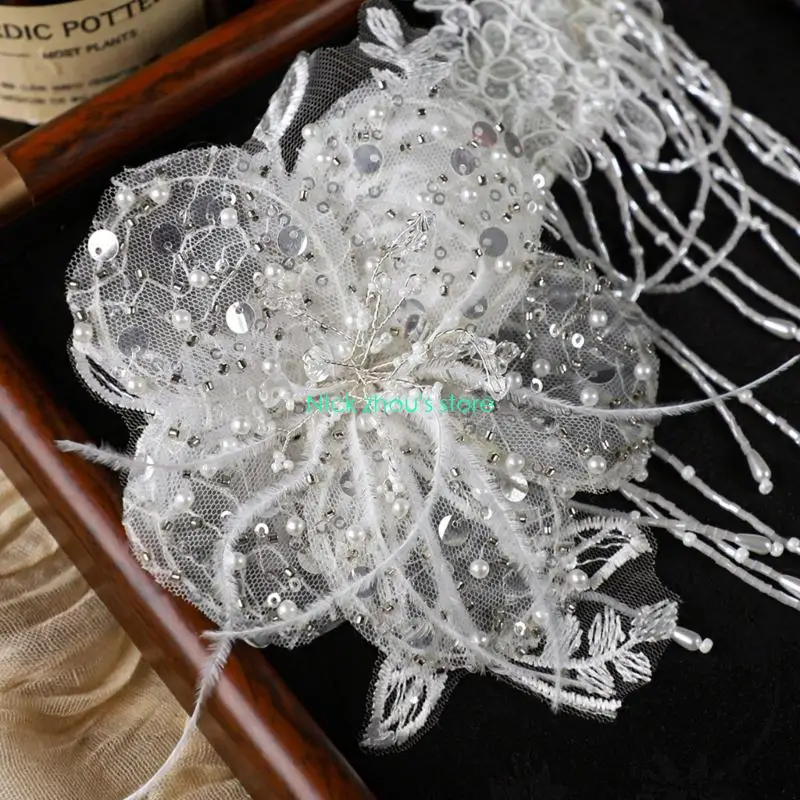 E15E حجاب شرابات العروس خفيف الوزن مع دانتيل ولمسات مطرزة متلألئة #3