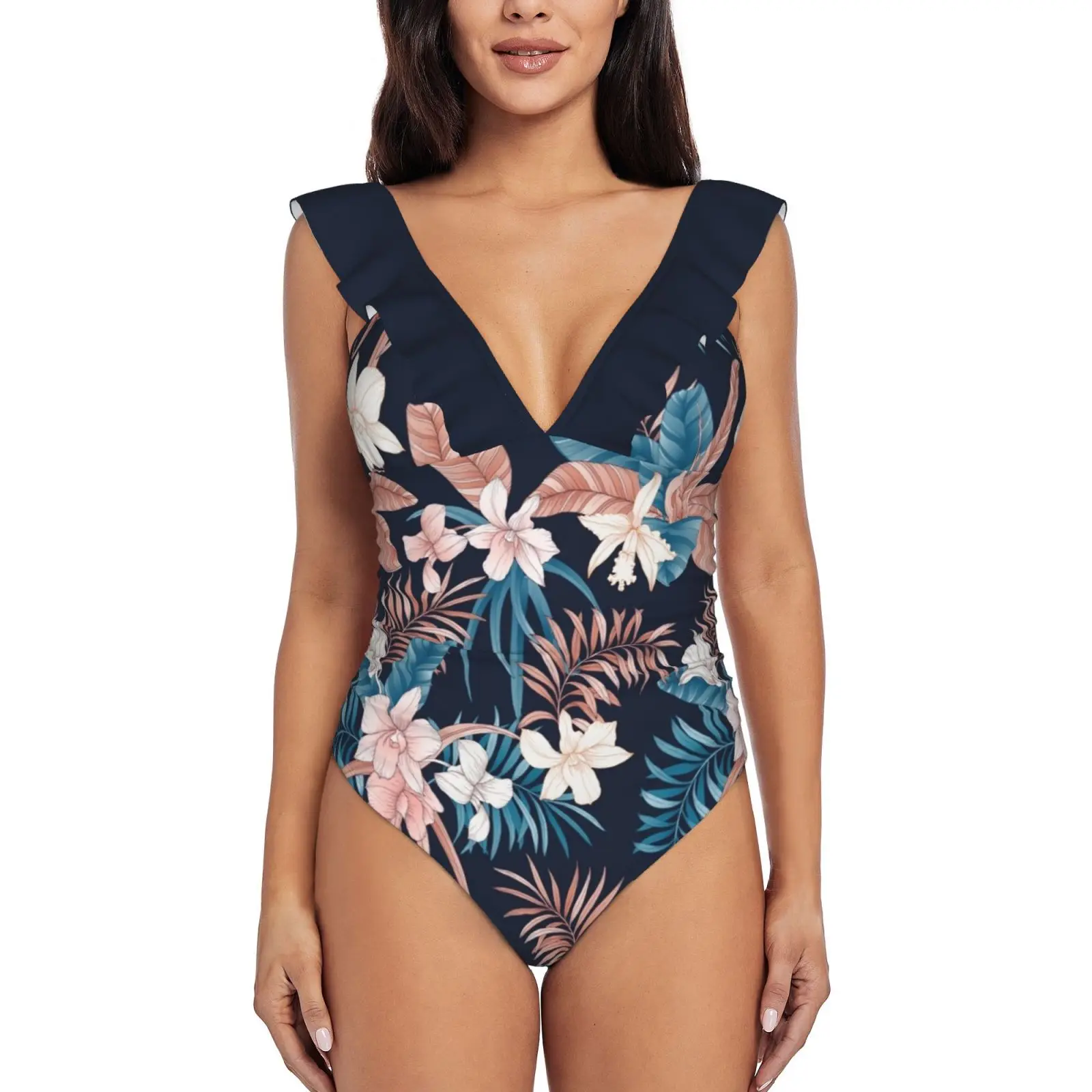 

Tropical Orchid Print In Navy Sexy Ruffle Print Swimwear Women One Piece Swimsuit Female Monokini Bathing Suit Tropical