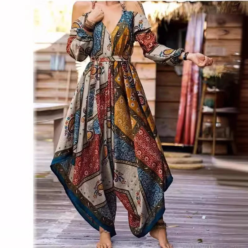 Vintage Bohemian Print High Waist Fashion Loose Temperament Suspender V-neck Lace-up Jumpsuit Skirt Spring And Summer Women's Ne