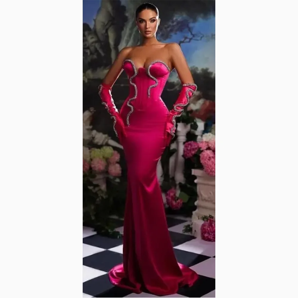 

Сексуальное вечернее платье без бретелек Русалка длиной до пола, розовое платье для выпускного вечера, модное вечернее платье с кристаллами и перчатками по индивидуальному заказу 2026