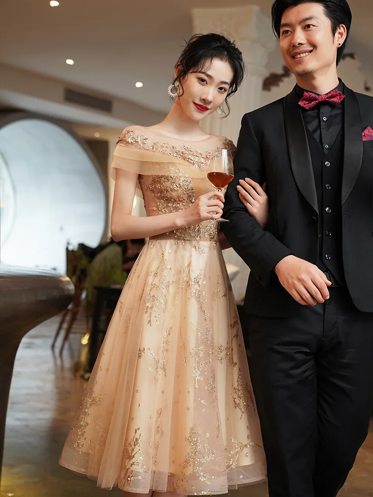 2022 Champagne Evening Dress Gown Maxi Dress Chesongsams Off Shoulder Appliques Banquet Gown Women Vestidos Robe De Soiree