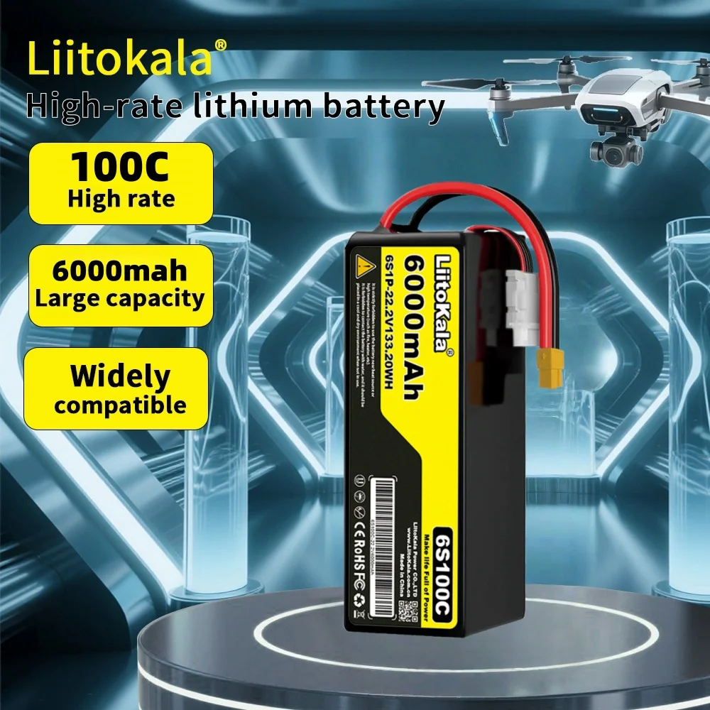 LiitoKala 6S 22,2 V 6000 mAh polymeer-lithiumbatterij 100C-ontladingsnelheid Geschikt voor op afstand bestuurbare drones, helikopters, aerom