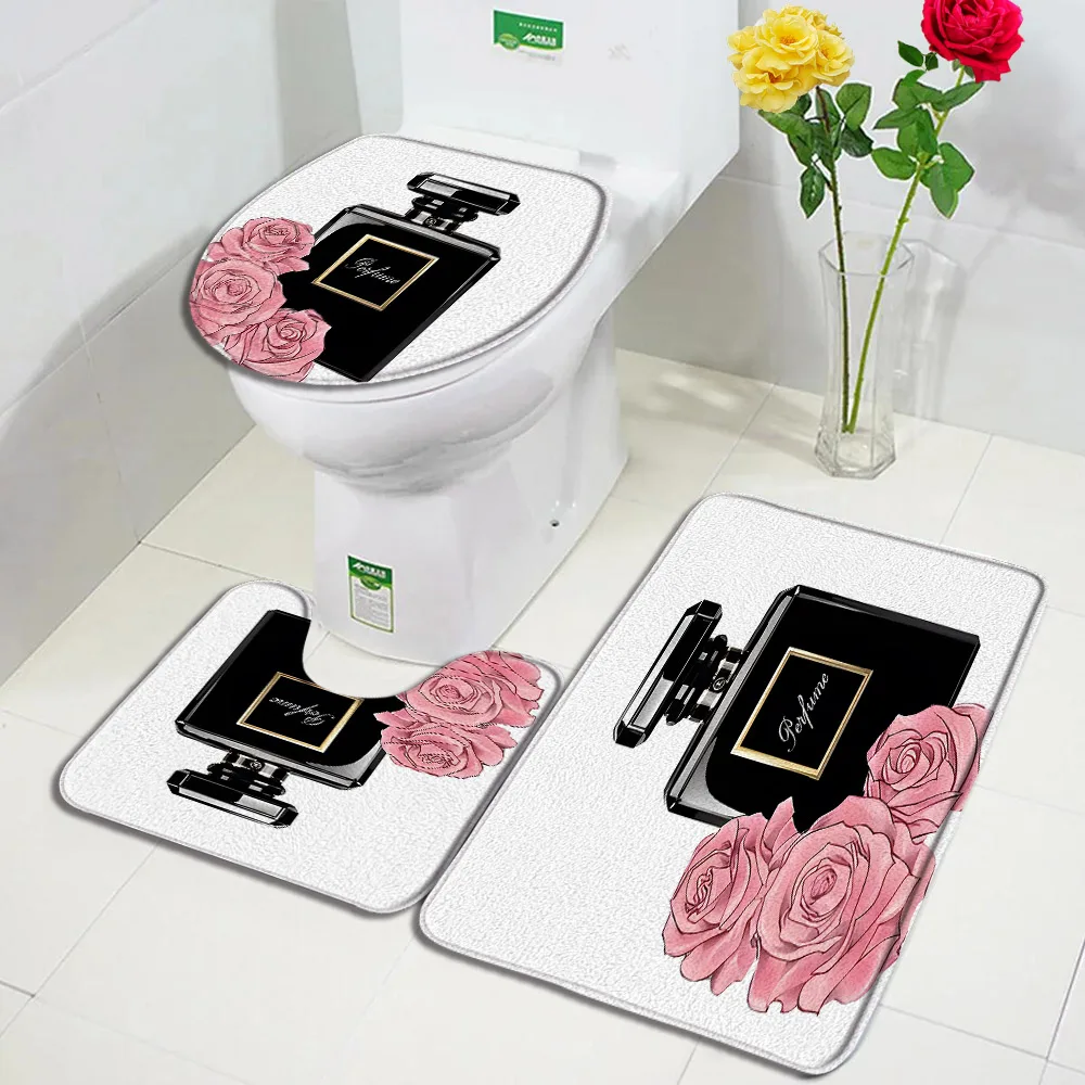 Fashion Perfume Bath Mats Sets Flowers Black And White Striped Door Rug Women Girls Home Bathroom Decor Flannel Toilet Cover Mat