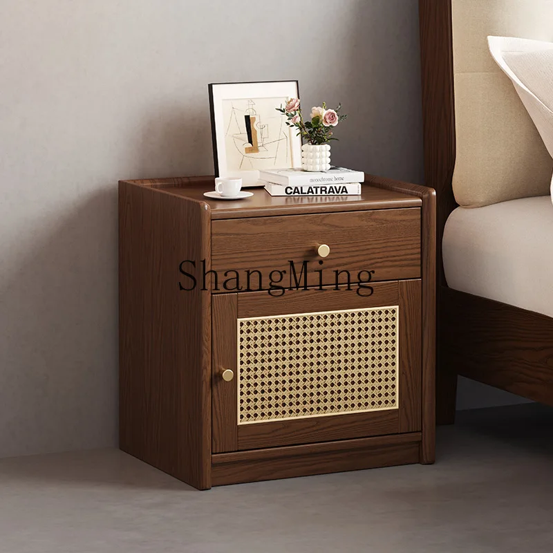

ZYY simple and modern all-solid wood bedside safe integrated household rack rattan bedside table