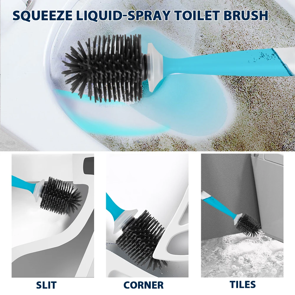 Water Spray Silicone Toilet Brush With Wall-Mounted Breathable Silicone TPR Brush 44.5cm Long Handle Bathroom Cleaning Accessory