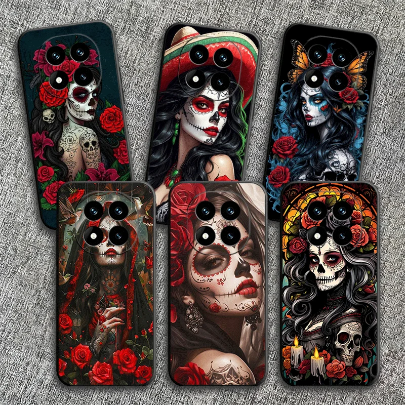 Custodia Morbida Nera Catrina Beautiful Rose Girl Skull Per Xiaomi Redmi Note 12 13 14 15 Pro Plus 11 12S 11S 11T 10 4G-image