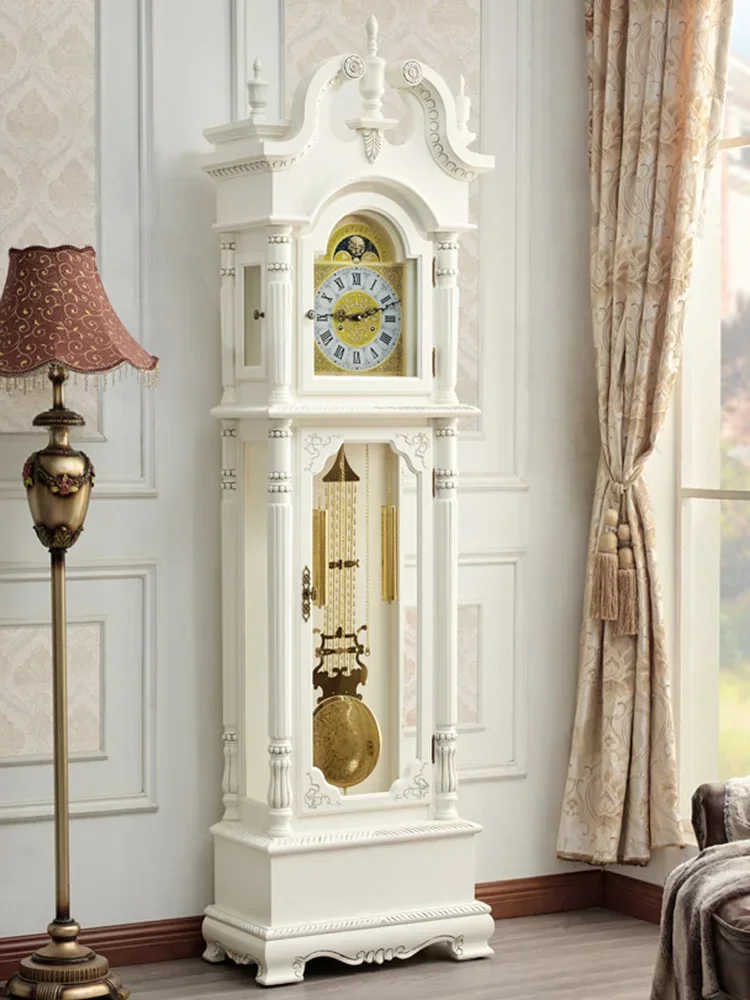 

Retro the Grandfather Clock Living Room Solid Wood Vertical Bell Mechanical Villa Pendulum Clock White Clock