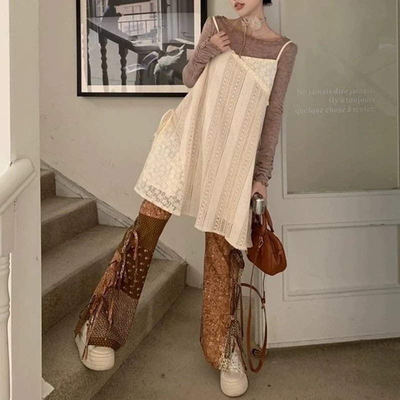 Frühling Herbst Unregelmäßige Einteilige Beige Spitze Ärmelloses Kleid Frauen Cover Up Layered Kurze Mini Slip Kleid Nette Hosenträger Kleid