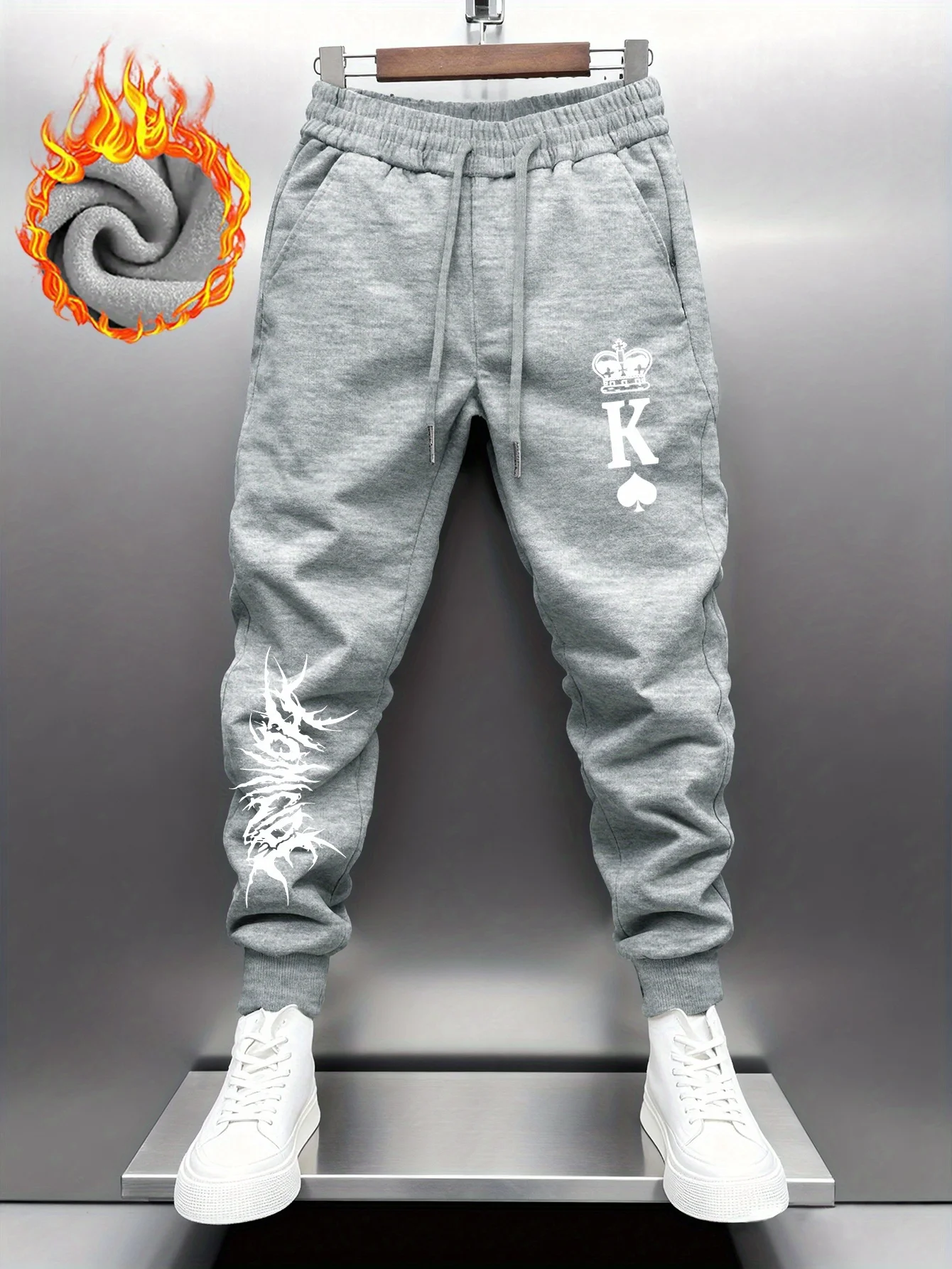 Card‑styled spade king crown thorn letter artwork print relaxed loose sweatpants men hip hop sports casual jogger pants